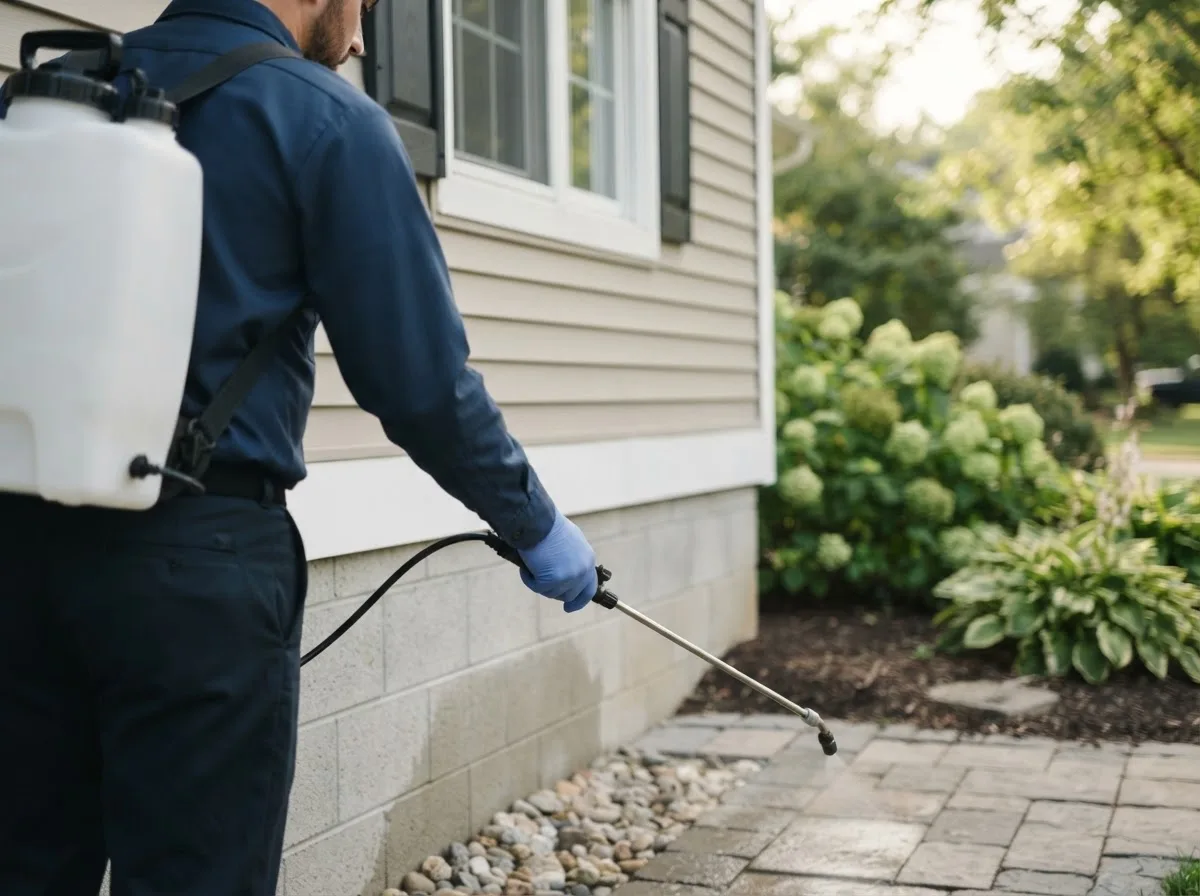 Pest control technician inspecting a home in Pleasanton, NE